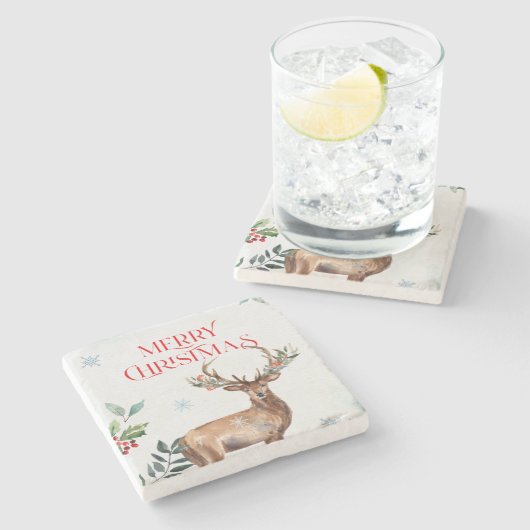 Vrolijk kerstfeest Typografie en kerstherten Stenen Onderzetter (Zijkant)