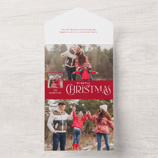 Vrolijk Kerstfeest Typografie Rood Multi-Photo All In One Uitnodiging (Binnen)