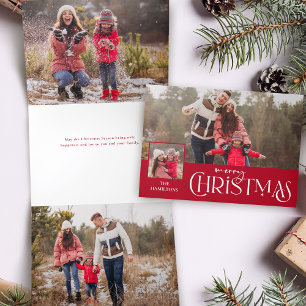 Vrolijk Kerstfeest Typografie Rood Multi-Photo Drieluik Wenskaart
