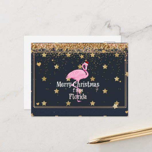 Vrolijk kerstfeest uit Florida, Santa Flamingo Briefkaart (Voorkant / Achterkant in situ)