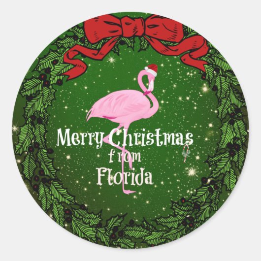 Vrolijk kerstfeest uit Florida, Santa Flamingo Ronde Sticker (Voorkant)