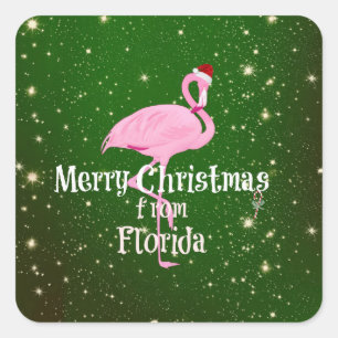 Vrolijk kerstfeest uit Florida, Santa Flamingo Vierkante Sticker