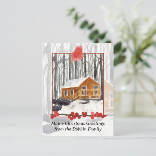 Vrolijk kerstfeest uit Maine Cabin Winter Forest Feestdagenkaart (Staand voorkant)