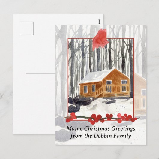 Vrolijk kerstfeest uit Maine Cabin Winter Forest Feestdagenkaart (Voorkant / Achterkant)
