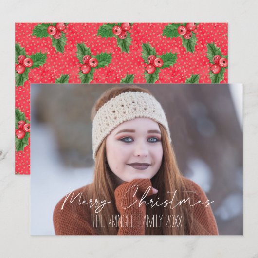 Vrolijk kerstfeest, uw foto en familienaam feestdagenkaart (Voorkant / Achterkant)