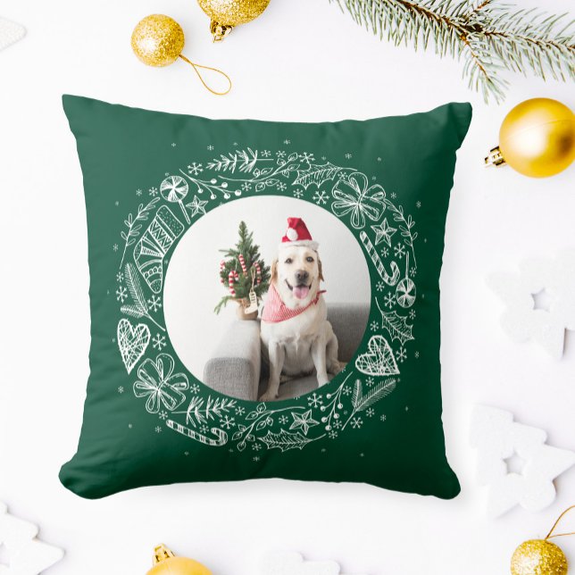 Vrolijk kerstfeest Uw foto Gouden krans Groen Kussen (Creator heeft geüpload)