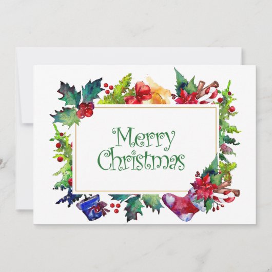 Vrolijk Kerstfeest Vakantie Waterverf Lijst Feestdagenkaart (Voorkant)