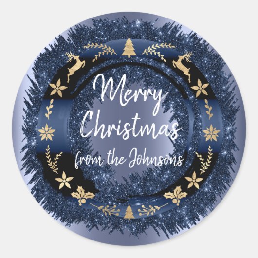 Vrolijk kerstfeest van de blauwe zee Glitter Gold  Ronde Sticker (Voorkant)