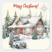 Vrolijk kerstfeest van de Cabin Holiday Kaart Vierkante Sticker (Voorkant)