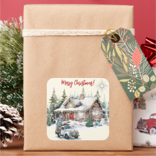 Vrolijk kerstfeest van de Cabin Holiday Kaart Vierkante Sticker