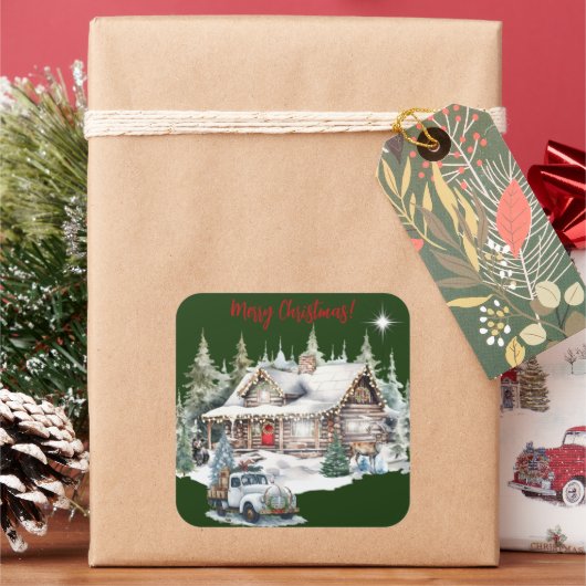 Vrolijk kerstfeest van de Cabin Holiday Kaart Vierkante Sticker (Feestdagen)