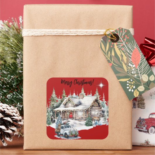 Vrolijk kerstfeest van de Cabin Holiday Kaart Vierkante Sticker (Feestdagen)