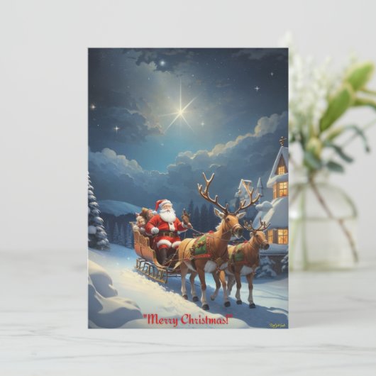 Vrolijk kerstfeest van de Kerstman en zijn rendier Feestdagenkaart (Staand voorkant)