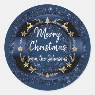 Vrolijk kerstfeest van naam Blue Navy Gold kransen Ronde Sticker