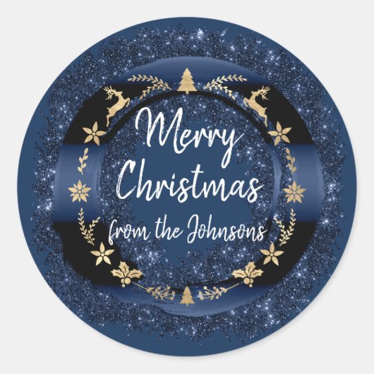 Vrolijk kerstfeest van naam Blue Navy Gold kransen Ronde Sticker (Voorkant)