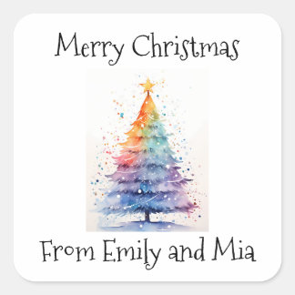 Vrolijk kerstfeest van Rainbow Waterverf Tree Vierkante Sticker