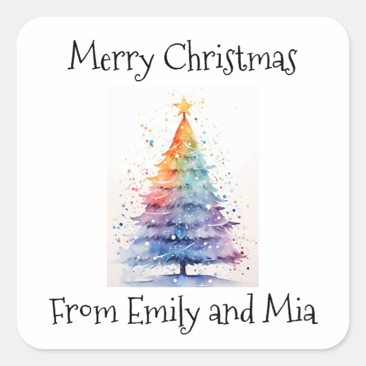 Vrolijk kerstfeest van Rainbow Waterverf Tree Vierkante Sticker (Voorkant)