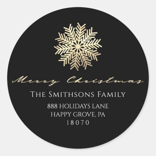 Vrolijk kerstfeest van zwart goud RSVP sneeuwvlok Ronde Sticker (Voorkant)