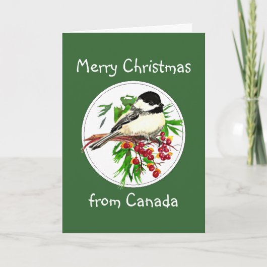 Vrolijk kerstfeest vanuit Canada Chickadee Bird Feestdagen Kaart (Voorkant)