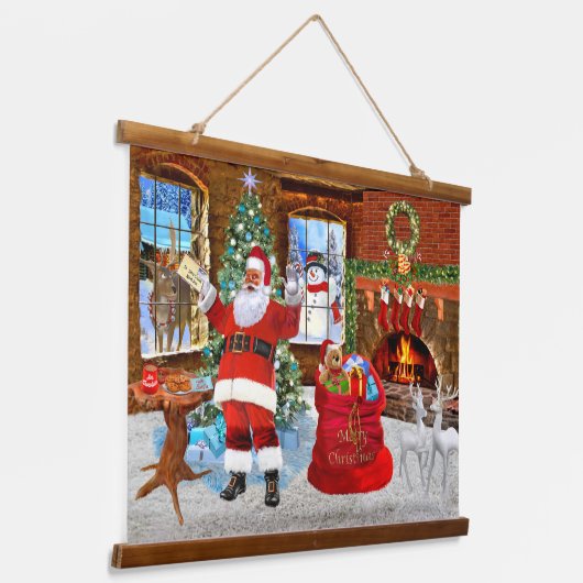 Vrolijk kerstfeest vanuit de kerstman hangend wandkleed (Gebogen)