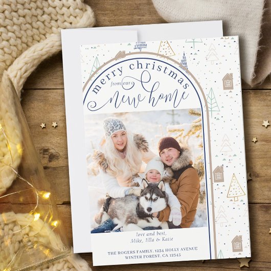 Vrolijk kerstfeest vanuit New Home Doodle Tree Hou Aankondiging