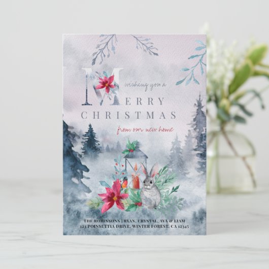 Vrolijk kerstfeest vanuit New Home Misty Winter Fo Aankondiging (Staand voorkant)