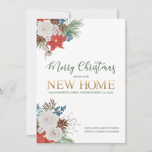 Vrolijk kerstfeest vanuit New Home Poinsettia en P Aankondiging (Voorkant)