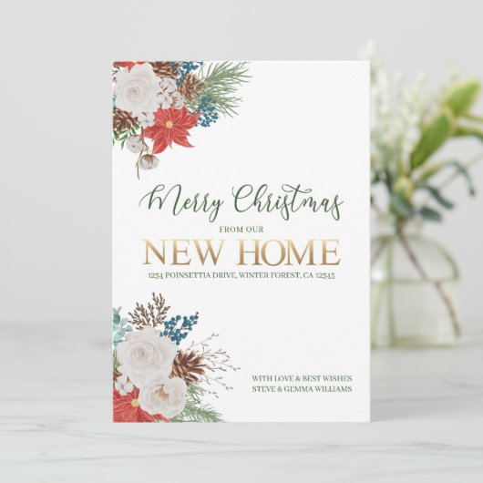 Vrolijk kerstfeest vanuit New Home Poinsettia en P Aankondiging (Staand voorkant)