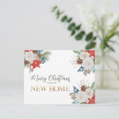 Vrolijk kerstfeest vanuit New Home Poinsettia en P Feestdagenkaart (Staand voorkant)