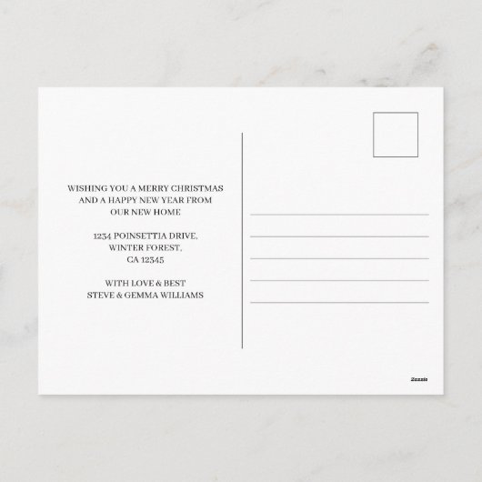 Vrolijk kerstfeest vanuit New Home Poinsettia en P Feestdagenkaart (Achterkant)