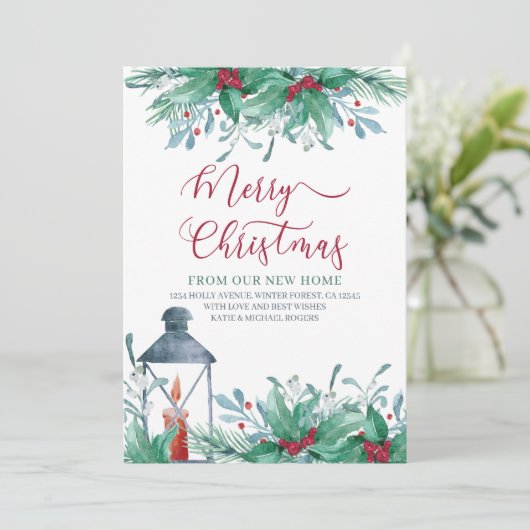 Vrolijk kerstfeest vanuit New Home Waterverf Holly Aankondiging (Staand voorkant)