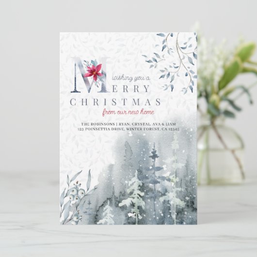 Vrolijk kerstfeest vanuit New Home Winter Forest M Aankondiging (Staand voorkant)