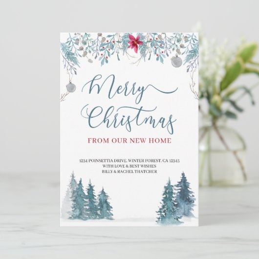 Vrolijk kerstfeest vanuit New Home Winter Forest M Aankondiging (Staand voorkant)