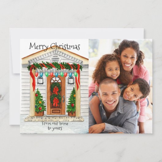 Vrolijk kerstfeest vanuit onze foto-sjabloon thuis feestdagenkaart (Voorkant)