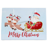 Vrolijk kerstfeest, verklikkerst, slee en rendier groot cadeauzakje (Voorkant)