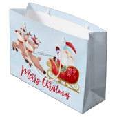 Vrolijk kerstfeest, verklikkerst, slee en rendier groot cadeauzakje (Achterkant Gekanteld)