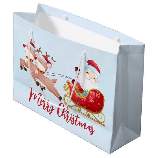 Vrolijk kerstfeest, verklikkerst, slee en rendier groot cadeauzakje (Voorkant Gekanteld)