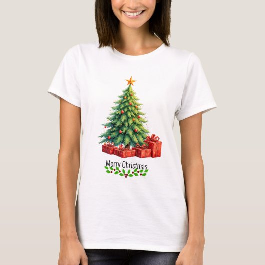 Vrolijk kerstfeest, versierde boom, t-shirt (Voorkant)