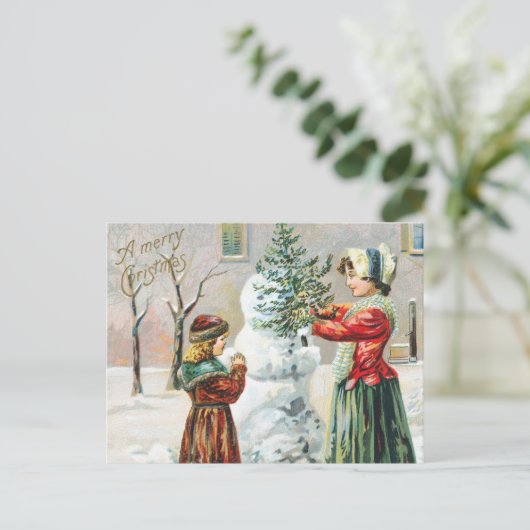 Vrolijk kerstfeest Victoriaans familie en Snowman Briefkaart (Staand voorkant)