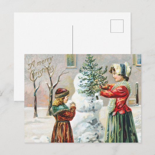 Vrolijk kerstfeest Victoriaans familie en Snowman Briefkaart (Voorkant / Achterkant)
