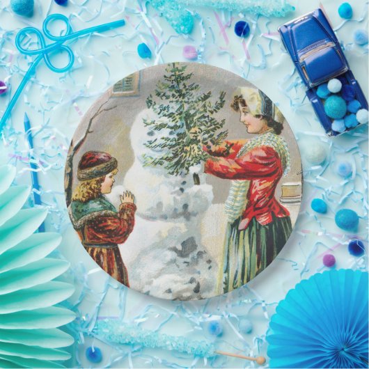 Vrolijk kerstfeest Victoriaans familie en Snowman Papieren Bordje (Feest)