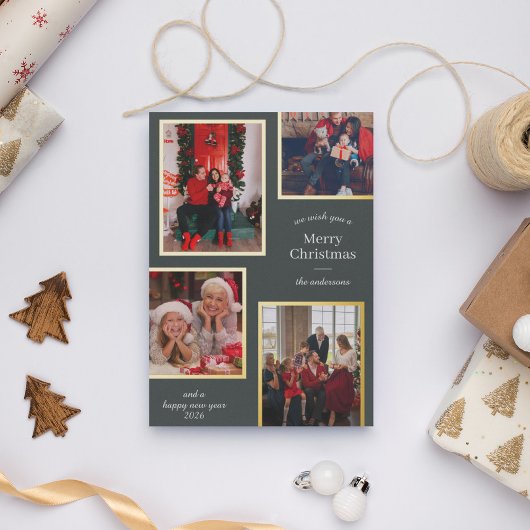 Vrolijk Kerstfeest Vier foto's Classic Stripes Gro Folie Feestdagenkaart