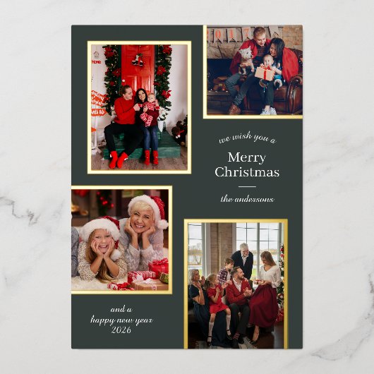 Vrolijk Kerstfeest Vier foto's Classic Stripes Gro Folie Feestdagenkaart (Voorkant)