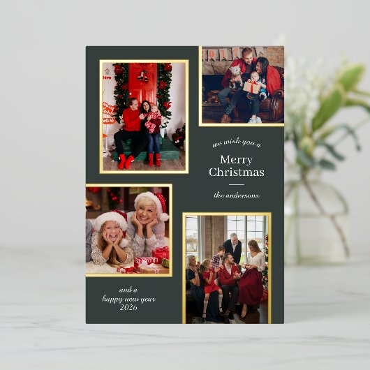 Vrolijk Kerstfeest Vier foto's Classic Stripes Gro Folie Feestdagenkaart (Staand Voorkant)