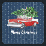 Vrolijk kerstfeest vintage auto stickers<br><div class="desc">Merry Christmas Stickers met  rode auto met een kerstboom op een  blauwe achtergrond met sneeuwvlokken</div>
