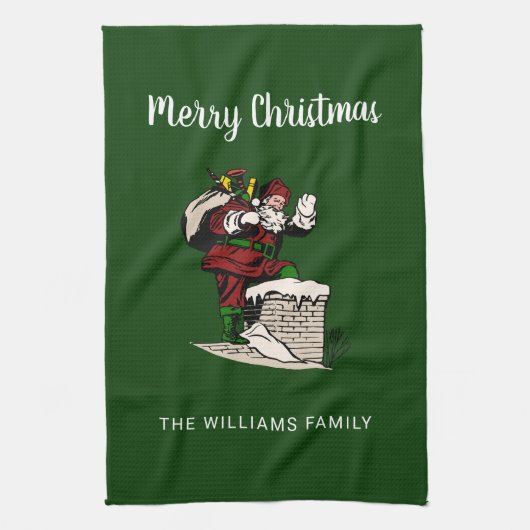 Vrolijk Kerstfeest Vintage Kerstman Gepersonalisee Theedoek (Verticaal)