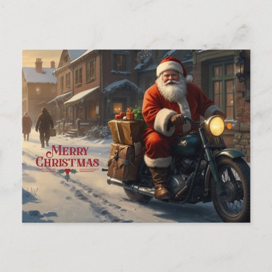 Vrolijk kerstfeest Vintage Santa op Motorcycle Feestdagenkaart (Voorkant)