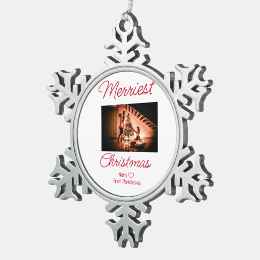 Vrolijk kerstfeest voeg familienaam foto rood eenv tin sneeuwvlok ornament (Rechts)