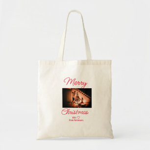 Vrolijk kerstfeest voeg familienaam foto rood eenv tote bag