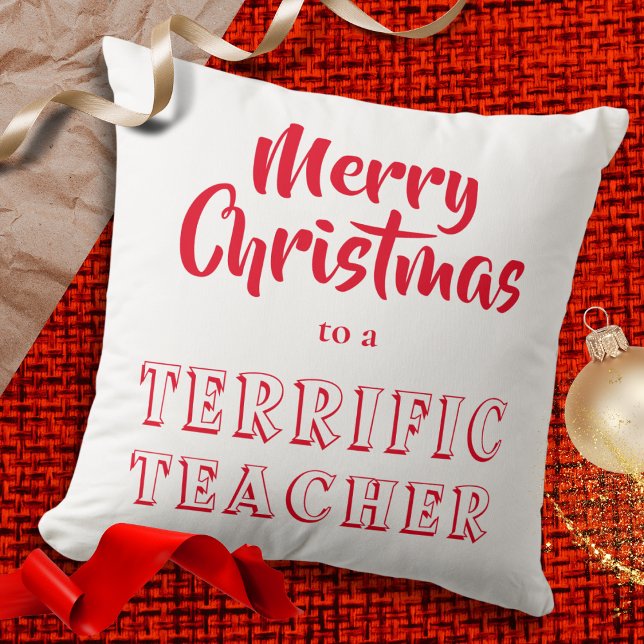 Vrolijk kerstfeest voor een geweldige leraar rood  kussen (A festive red and white throw pillow cushion, with the words 'Merry Christmas to a Terrific Teacher')